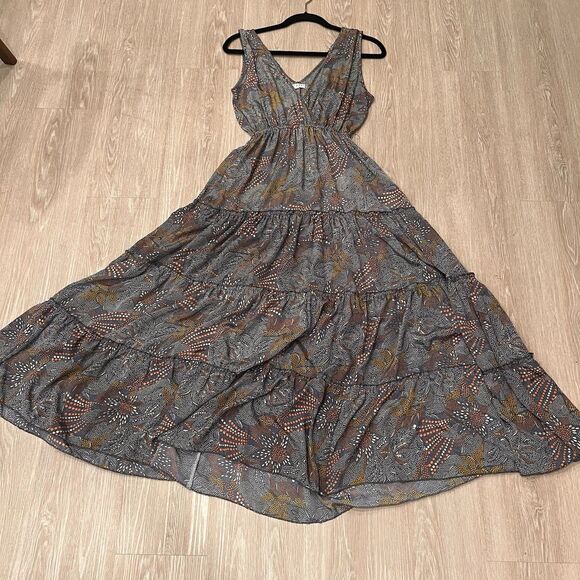 paani Dresses & Skirts - Paani Dress Womens Size S Gray Maxi Gold Tiered Boho Coastal Flowy Stretch
